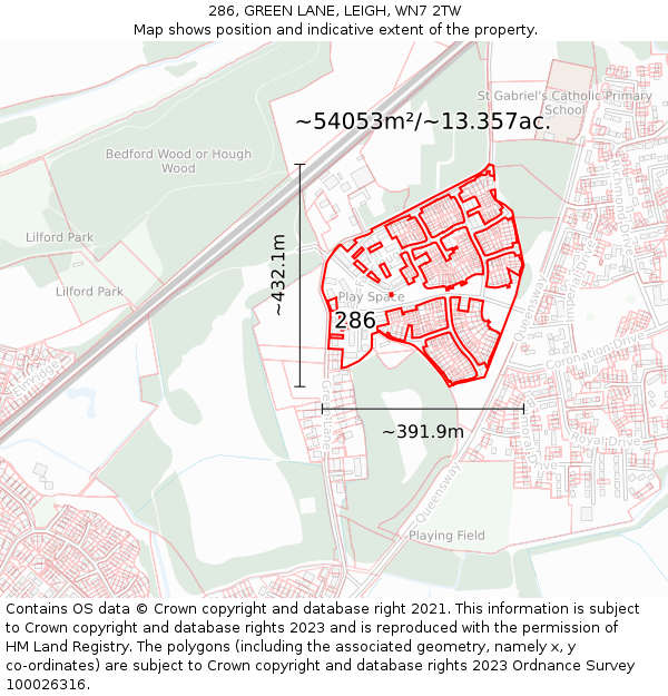 286, GREEN LANE, LEIGH, WN7 2TW: Plot and title map