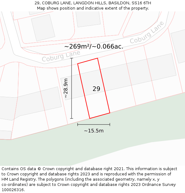 29, COBURG LANE, LANGDON HILLS, BASILDON, SS16 6TH: Plot and title map