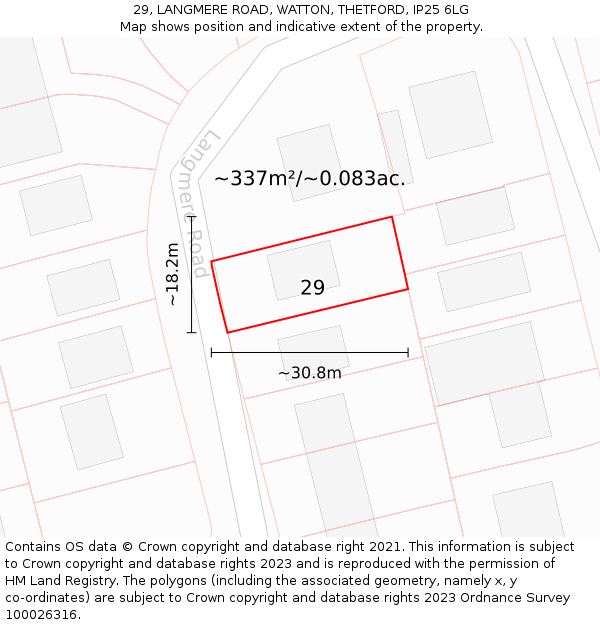 29, LANGMERE ROAD, WATTON, THETFORD, IP25 6LG: Plot and title map