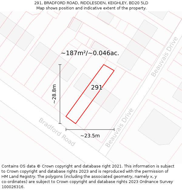 291, BRADFORD ROAD, RIDDLESDEN, KEIGHLEY, BD20 5LD: Plot and title map