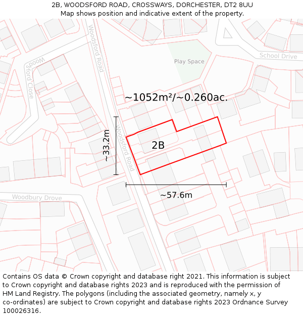 2B, WOODSFORD ROAD, CROSSWAYS, DORCHESTER, DT2 8UU: Plot and title map