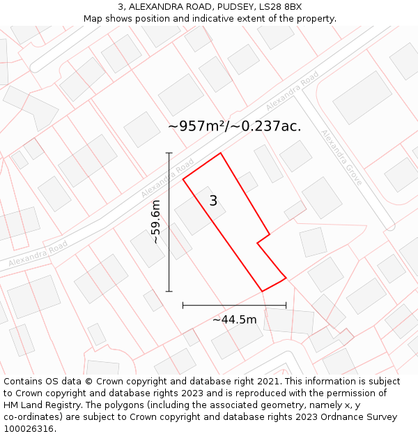 3, ALEXANDRA ROAD, PUDSEY, LS28 8BX: Plot and title map