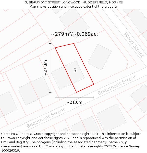 3, BEAUMONT STREET, LONGWOOD, HUDDERSFIELD, HD3 4RE: Plot and title map