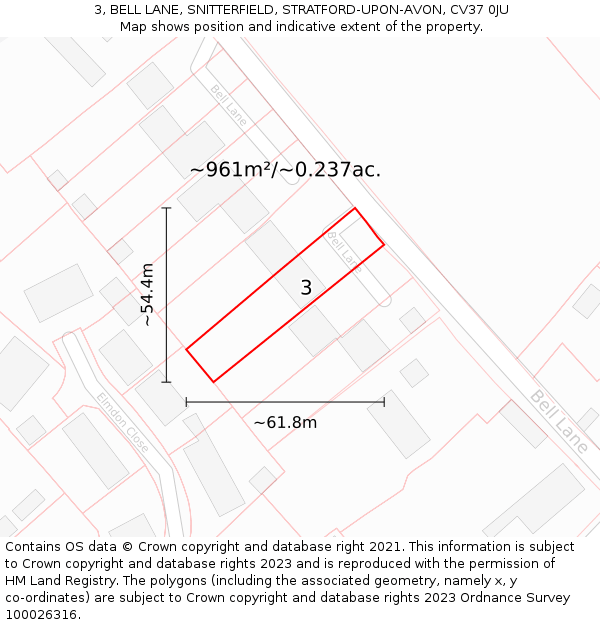 3, BELL LANE, SNITTERFIELD, STRATFORD-UPON-AVON, CV37 0JU: Plot and title map