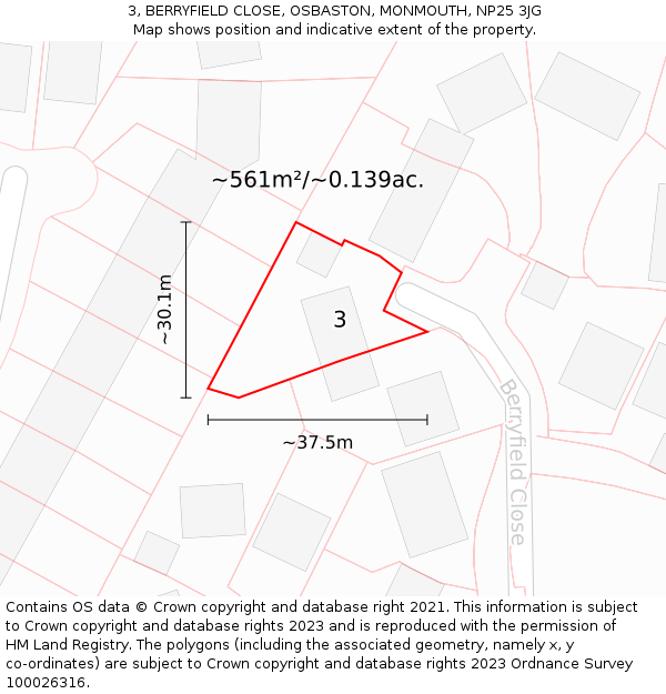 3, BERRYFIELD CLOSE, OSBASTON, MONMOUTH, NP25 3JG: Plot and title map