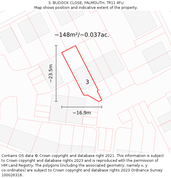 3, BUDOCK CLOSE, FALMOUTH, TR11 4FU: Plot and title map