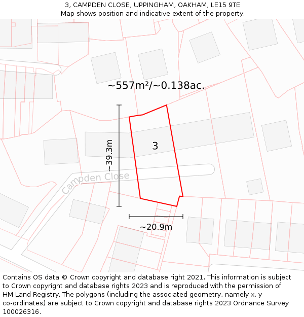 3, CAMPDEN CLOSE, UPPINGHAM, OAKHAM, LE15 9TE: Plot and title map