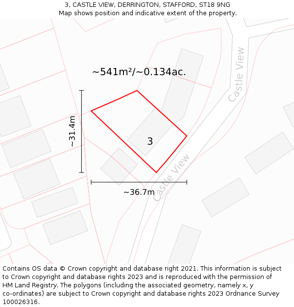 3, CASTLE VIEW, DERRINGTON, STAFFORD, ST18 9NG: Plot and title map