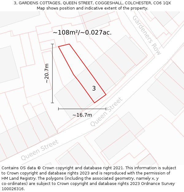 3, GARDENS COTTAGES, QUEEN STREET, COGGESHALL, COLCHESTER, CO6 1QX: Plot and title map