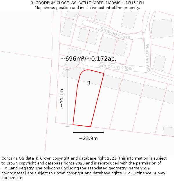 3, GOODRUM CLOSE, ASHWELLTHORPE, NORWICH, NR16 1FH: Plot and title map