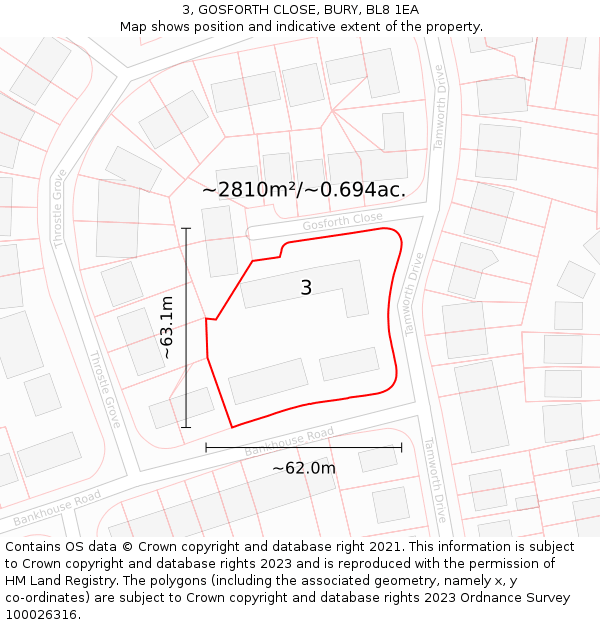 3, GOSFORTH CLOSE, BURY, BL8 1EA: Plot and title map