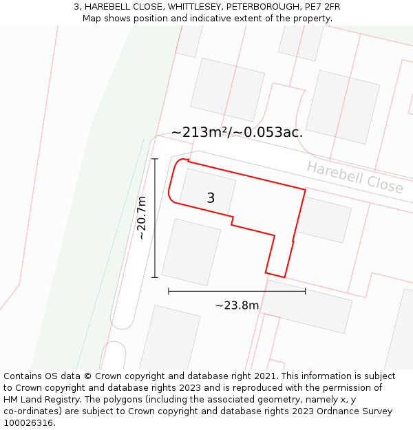 3, HAREBELL CLOSE, WHITTLESEY, PETERBOROUGH, PE7 2FR: Plot and title map