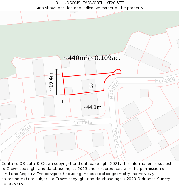 3, HUDSONS, TADWORTH, KT20 5TZ: Plot and title map