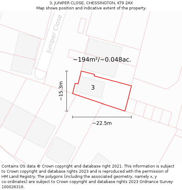 3, JUNIPER CLOSE, CHESSINGTON, KT9 2AX: Plot and title map
