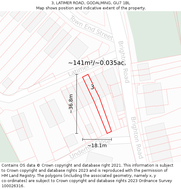 3, LATIMER ROAD, GODALMING, GU7 1BL: Plot and title map