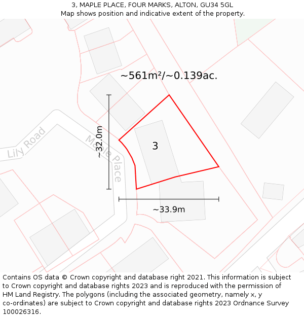 3, MAPLE PLACE, FOUR MARKS, ALTON, GU34 5GL: Plot and title map