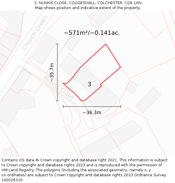 3, NUNNS CLOSE, COGGESHALL, COLCHESTER, CO6 1AN: Plot and title map