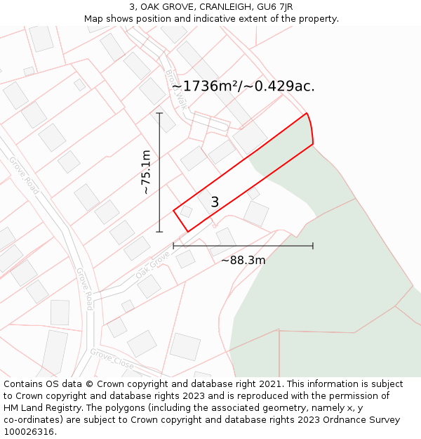 3, OAK GROVE, CRANLEIGH, GU6 7JR: Plot and title map