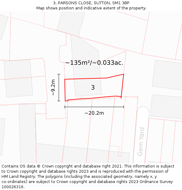 3, PARSONS CLOSE, SUTTON, SM1 3BP: Plot and title map