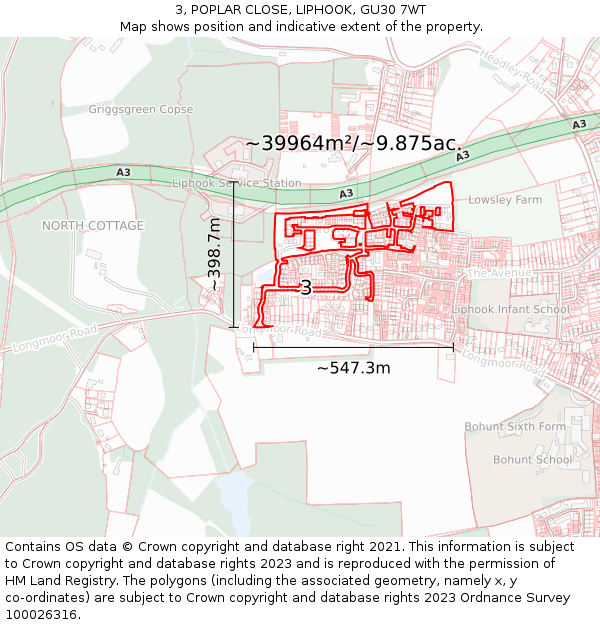 3, POPLAR CLOSE, LIPHOOK, GU30 7WT: Plot and title map