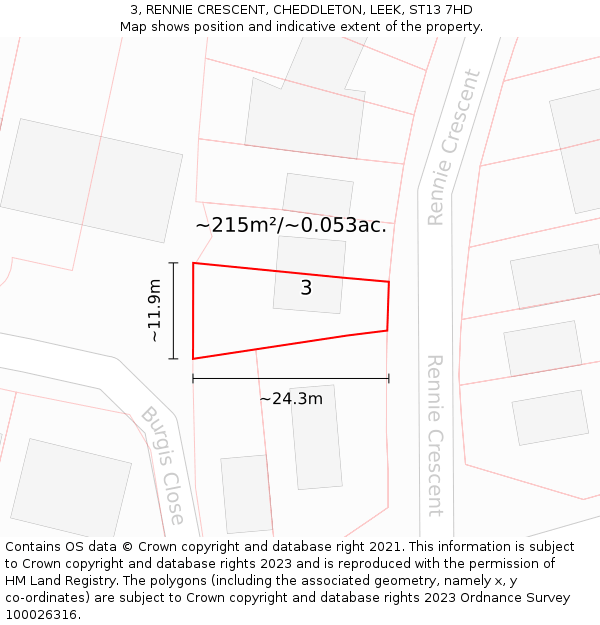 3, RENNIE CRESCENT, CHEDDLETON, LEEK, ST13 7HD: Plot and title map