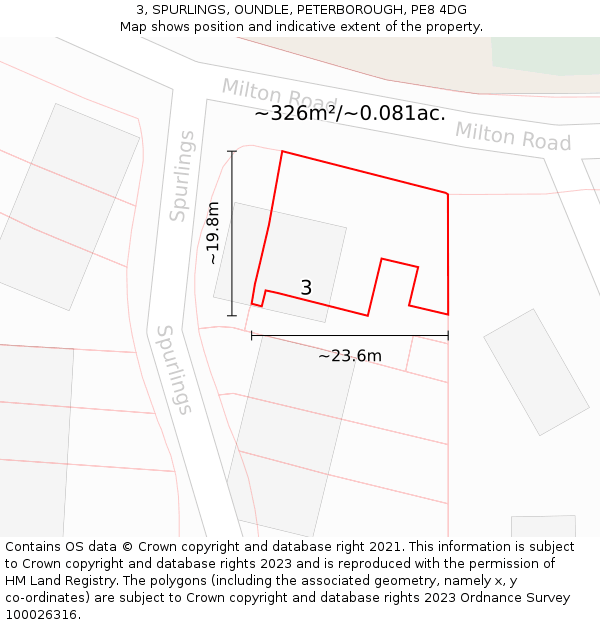 3, SPURLINGS, OUNDLE, PETERBOROUGH, PE8 4DG: Plot and title map