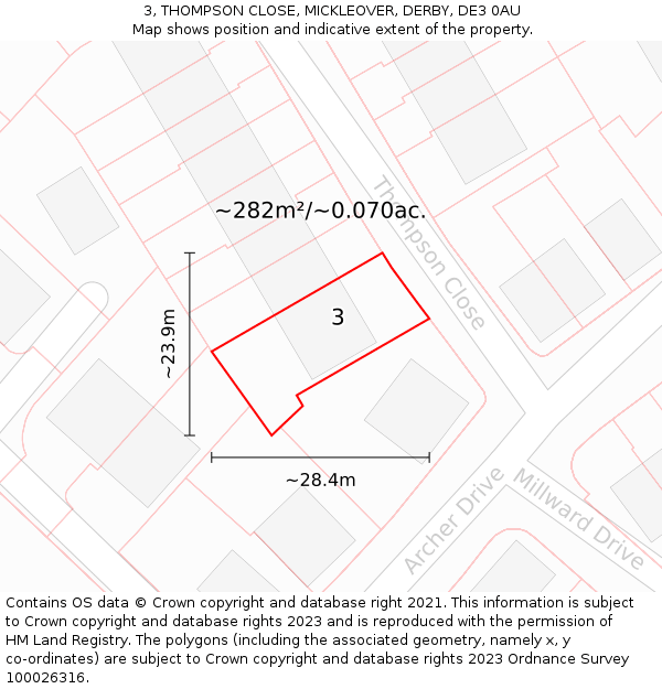 3, THOMPSON CLOSE, MICKLEOVER, DERBY, DE3 0AU: Plot and title map