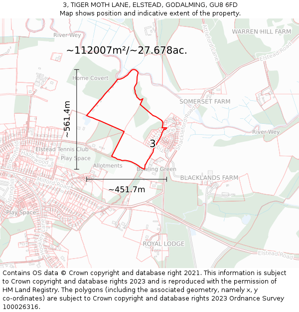 3, TIGER MOTH LANE, ELSTEAD, GODALMING, GU8 6FD: Plot and title map