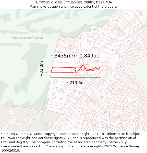 3, TROON CLOSE, LITTLEOVER, DERBY, DE23 4UA: Plot and title map