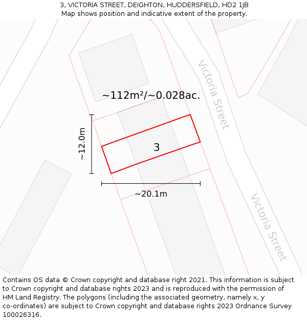 3, VICTORIA STREET, DEIGHTON, HUDDERSFIELD, HD2 1JB: Plot and title map