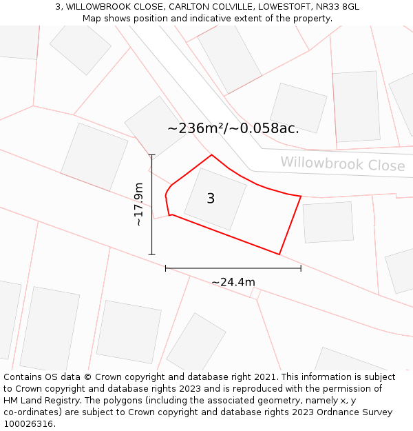 3, WILLOWBROOK CLOSE, CARLTON COLVILLE, LOWESTOFT, NR33 8GL: Plot and title map