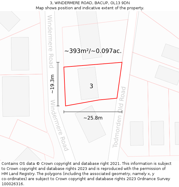 3, WINDERMERE ROAD, BACUP, OL13 9DN: Plot and title map