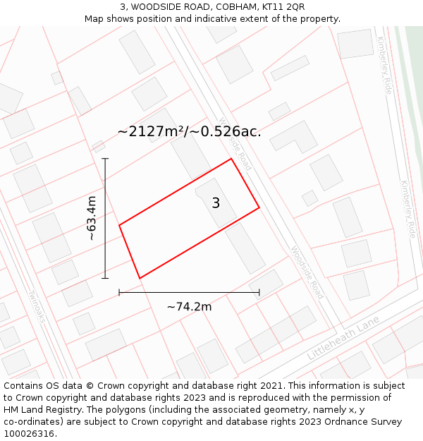 3, WOODSIDE ROAD, COBHAM, KT11 2QR: Plot and title map