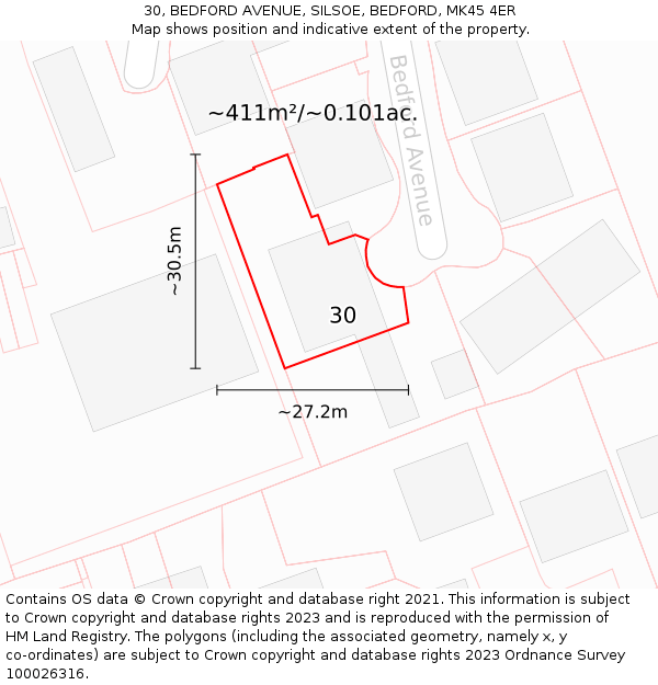 30, BEDFORD AVENUE, SILSOE, BEDFORD, MK45 4ER: Plot and title map