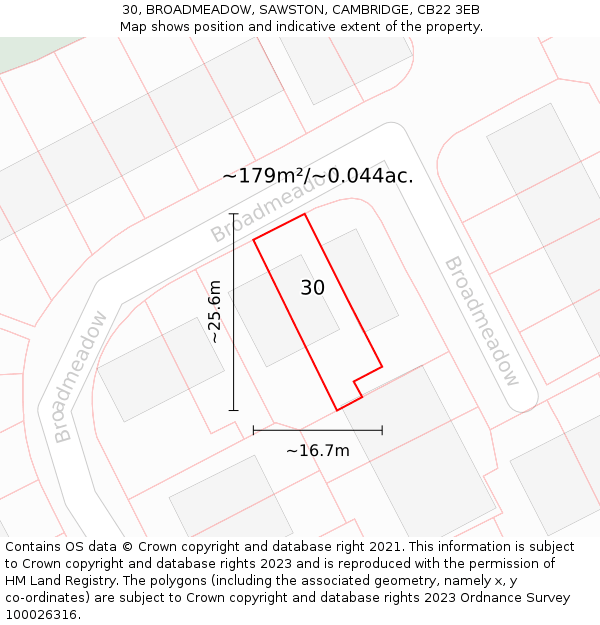30, BROADMEADOW, SAWSTON, CAMBRIDGE, CB22 3EB: Plot and title map