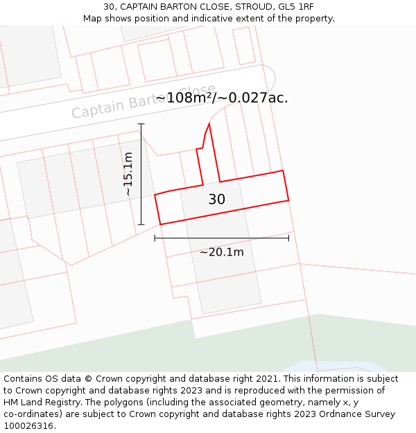 30, CAPTAIN BARTON CLOSE, STROUD, GL5 1RF: Plot and title map