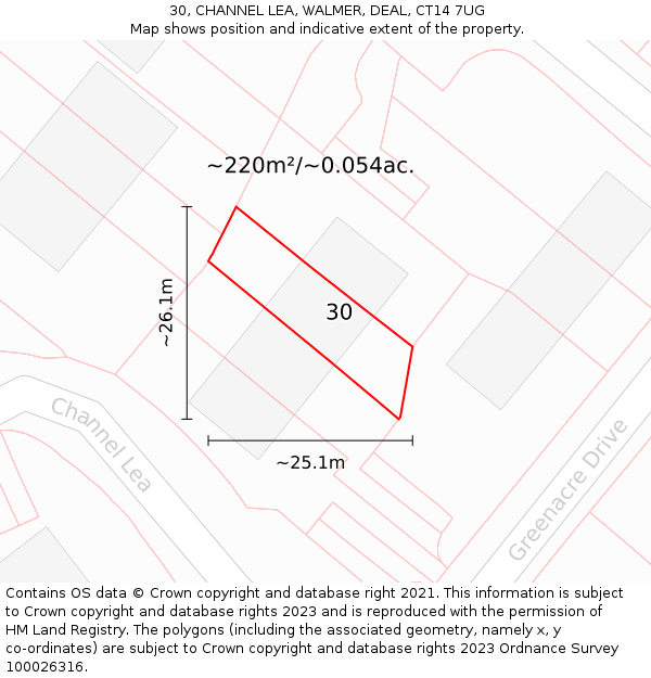 30, CHANNEL LEA, WALMER, DEAL, CT14 7UG: Plot and title map