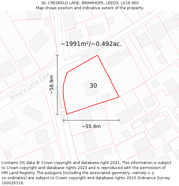 30, CRESKELD LANE, BRAMHOPE, LEEDS, LS16 9EX: Plot and title map