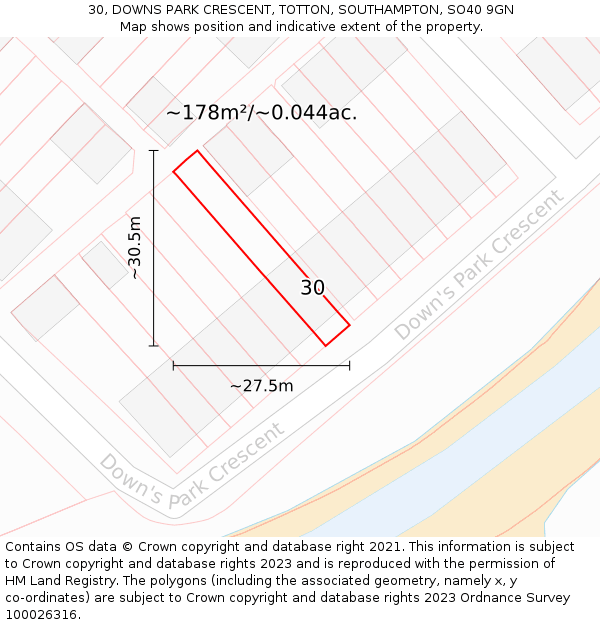 30, DOWNS PARK CRESCENT, TOTTON, SOUTHAMPTON, SO40 9GN: Plot and title map