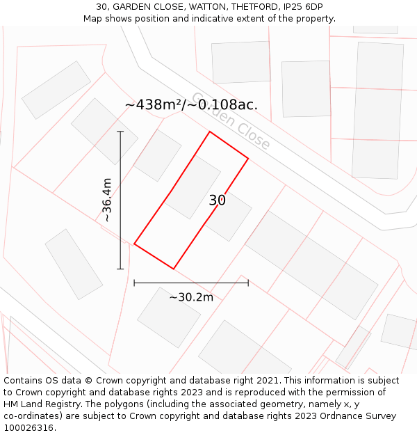 30, GARDEN CLOSE, WATTON, THETFORD, IP25 6DP: Plot and title map