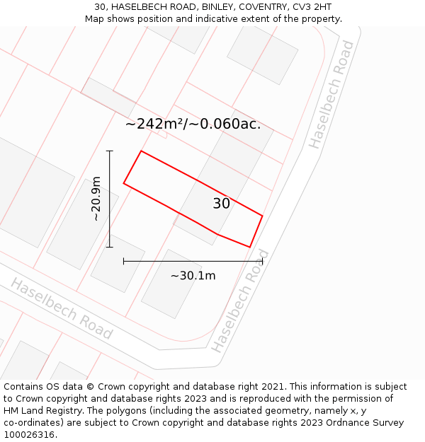 30, HASELBECH ROAD, BINLEY, COVENTRY, CV3 2HT: Plot and title map