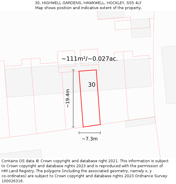 30, HIGHWELL GARDENS, HAWKWELL, HOCKLEY, SS5 4LY: Plot and title map