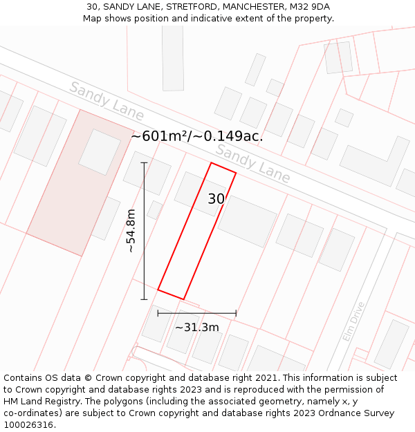 30, SANDY LANE, STRETFORD, MANCHESTER, M32 9DA: Plot and title map