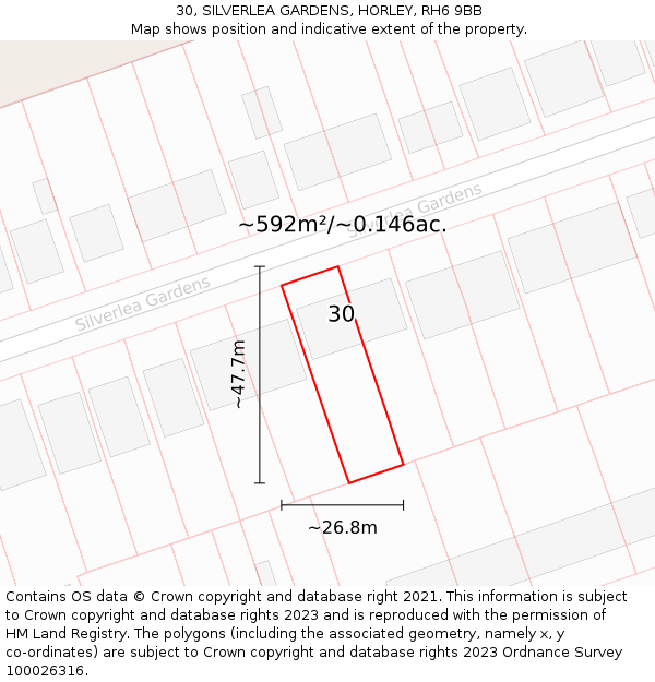 30, SILVERLEA GARDENS, HORLEY, RH6 9BB: Plot and title map