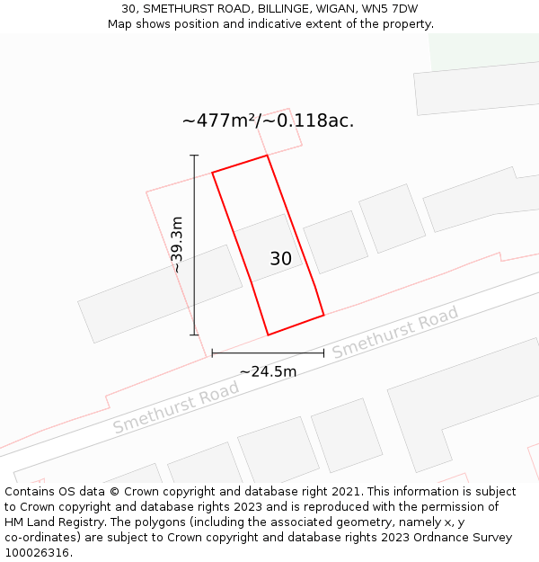 30, SMETHURST ROAD, BILLINGE, WIGAN, WN5 7DW: Plot and title map
