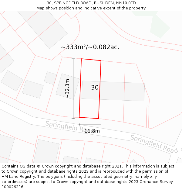 30, SPRINGFIELD ROAD, RUSHDEN, NN10 0FD: Plot and title map