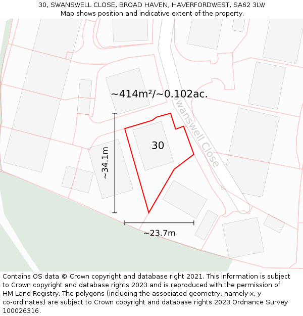 30, SWANSWELL CLOSE, BROAD HAVEN, HAVERFORDWEST, SA62 3LW: Plot and title map