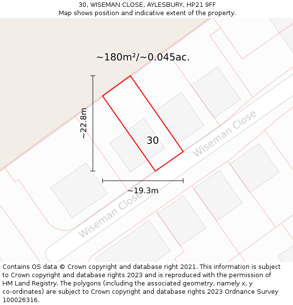 30, WISEMAN CLOSE, AYLESBURY, HP21 9FF: Plot and title map