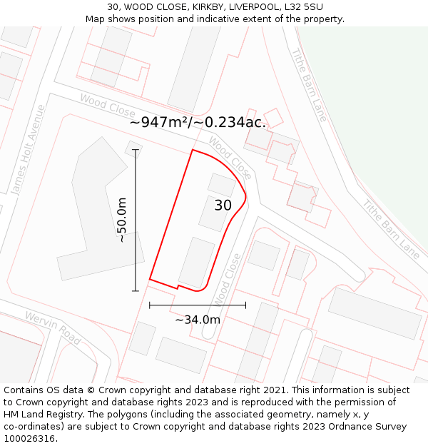30, WOOD CLOSE, KIRKBY, LIVERPOOL, L32 5SU: Plot and title map