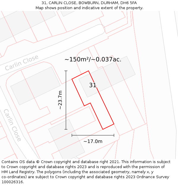 31, CARLIN CLOSE, BOWBURN, DURHAM, DH6 5FA: Plot and title map